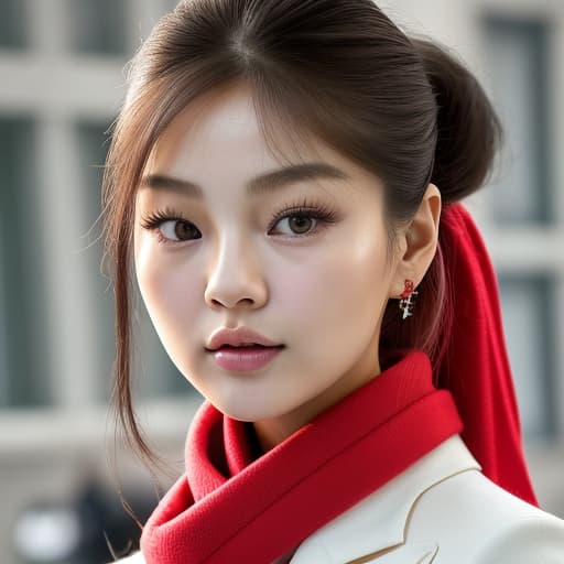  (--Style Photoralism, Jennie Kim)|((full body)) a close up of a woman with a red scarf on, blackpink jennie, popular south korean makeup, portrait of female korean idol, popular korean makeup, beautiful south korean woman, harpers bazaar, harper's bazaar, beautiful oriental woman, korean face features, dior campaign, korean audrey hepburn, vogue journal cover, inspired by Zhang Shuqi, detailed face of a asian girl