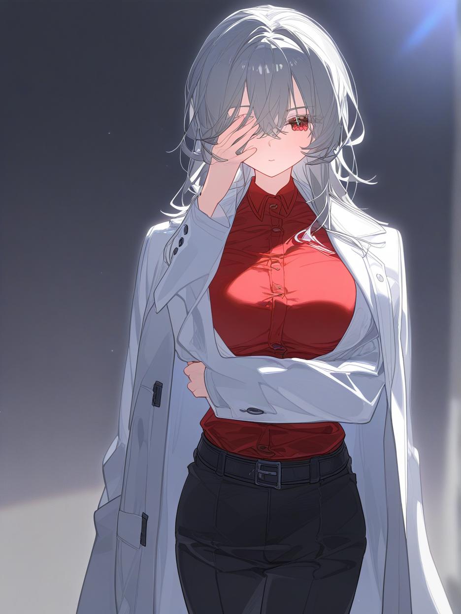  a strong woman, silver long hair, covering her face. she has deep, beautiful red eyes that are very prominent, white eyelashes that are very prominent in the eyes. she wears dark dress pants. a red shirt with buttons on the front seam, two thin belts under the bust. a light gray lab coat on the shoulders. a very strong and slender body, his strong abdomen shows in the red shirt. the background is a futuristic area where people practice combat in the background. she has a cup of coffee in her hands. well highlighted eyes with white eyelashes details, 8k. . best quality, high resolution