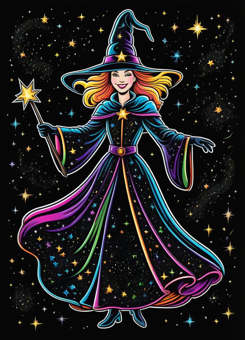  a humorous illustration. bright colors, cartoon style. on the black background, shiny contours outlines of a good witch in a robe with stars, in a pointed hat with stars, black gloves, frame with intricate thin ornamentation from comet, stars and cosmic dust: (thin: 1,4) lines,