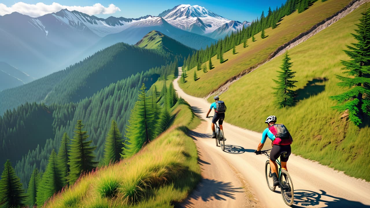  a vibrant mountain landscape with winding trails, cyclists navigating steep rocky paths, lush greenery, and distant snow capped peaks under a clear blue sky, showcasing the thrill and beauty of mountain biking adventures. hyperrealistic, full body, detailed clothing, highly detailed, cinematic lighting, stunningly beautiful, intricate, sharp focus, f/1. 8, 85mm, (centered image composition), (professionally color graded), ((bright soft diffused light)), volumetric fog, trending on instagram, trending on tumblr, HDR 4K, 8K