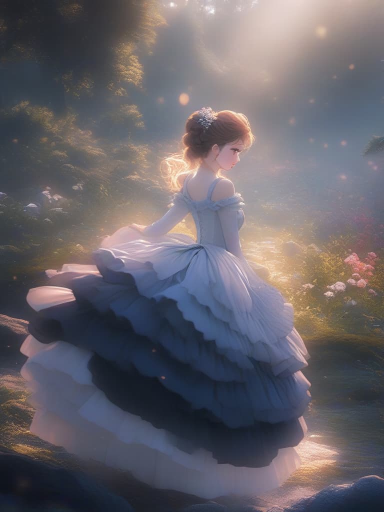  detailed,vivid colors,rough forest background,(masterpiece,hyper quality 1 5),ultra detailed,highlight eyes,detailed face,looking,scenery,master piece,best quality,ultra detailed,high resolution,8k,a ballerina,ballerina clothes,cute dollike girls,a sea of clouds illuminated by moonlight,dark forest world,magical animals,charming girls,gothic lolita,100 tiered ruffle,dark gradient,black swan hyperrealistic, full body, detailed clothing, highly detailed, cinematic lighting, stunningly beautiful, intricate, sharp focus, f/1. 8, 85mm, (centered image composition), (professionally color graded), ((bright soft diffused light)), volumetric fog, trending on instagram, trending on tumblr, HDR 4K, 8K