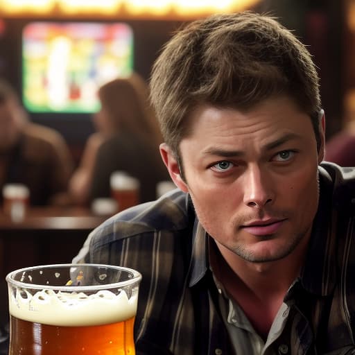  dean winchester drinks beer in a bar with a man very similar to karl urban