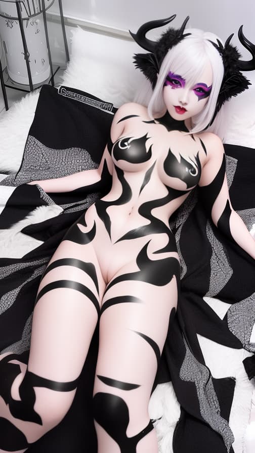  Black and White flame pattern body paint in every corner of the whole body, Blark body paint full body, White face paint on the face, two succubus sisters, full body image 女性