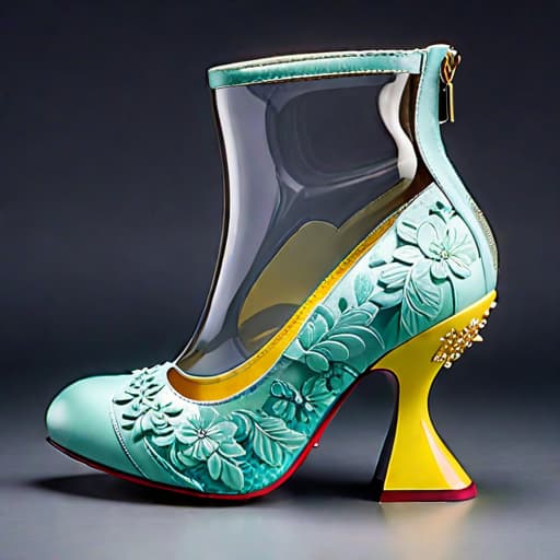  Create a photorealistic digital illustration of a unique design women’s shoe with balanced parts, unique soles, 8 centimetre height heel with rubber sole and covered in soft, luxurious textured materials. The art style should blend elements of Irregular Choice, Balenciaga and Osamu Tezuka hyperrealistic, full body, detailed clothing, highly detailed, cinematic lighting, stunningly beautiful, intricate, sharp focus, f/1. 8, 85mm, (centered image composition), (professionally color graded), ((bright soft diffused light)), volumetric fog, trending on instagram, trending on tumblr, HDR 4K, 8K