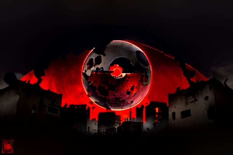  A logo with an eye hidden under a blood red moon surrounded by a ruined city, moral decay, drugs, murder, more blood, alcohol, decay, the fall of civilization, darkness, oppression, decay, disappointment., realistic, detailed, textured, skin, hair, eyes, by Alex Huguet, Mike Hill, Ian Spriggs, JaeCheol Park, Marek Denko hyperrealistic, full body, detailed clothing, highly detailed, cinematic lighting, stunningly beautiful, intricate, sharp focus, f/1. 8, 85mm, (centered image composition), (professionally color graded), ((bright soft diffused light)), volumetric fog, trending on instagram, trending on tumblr, HDR 4K, 8K