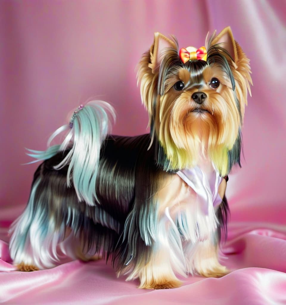  kawaii style yorkshire terrier dog on satin background . cute, adorable, brightly colored, cheerful, anime influence, highly detailed, film photography style