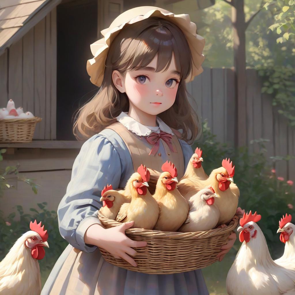  puffy girl holding a basket of chickens