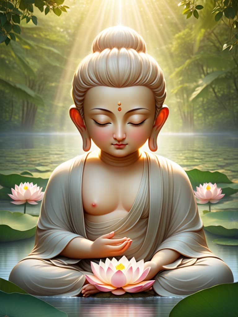  create an image of a calm and serene buddha seated in a peaceful meditation pose, surrounded by soft golden light. the background features a tranquil natural environment with lotus flowers blooming in a calm pond, lush green trees, and gentle sunlight filtering through the leaves. buddha’s face is peaceful, with closed eyes, a gentle smile, and an aura of wisdom and compassion. the setting conveys a sense of spiritual calm, harmony, and enlightenment.