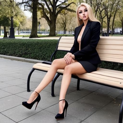  A beautiful slender woman. Smiling. With suntanned skin. With full lips. With blonde hair. with smokey eyes. Wearing jewelry. Wearing a miniskirt. Wearing a cropped blazer. Wearing ultra high heel pumps ultra high heel pumps . Sitting on a bench in a park. Viewed from the side.