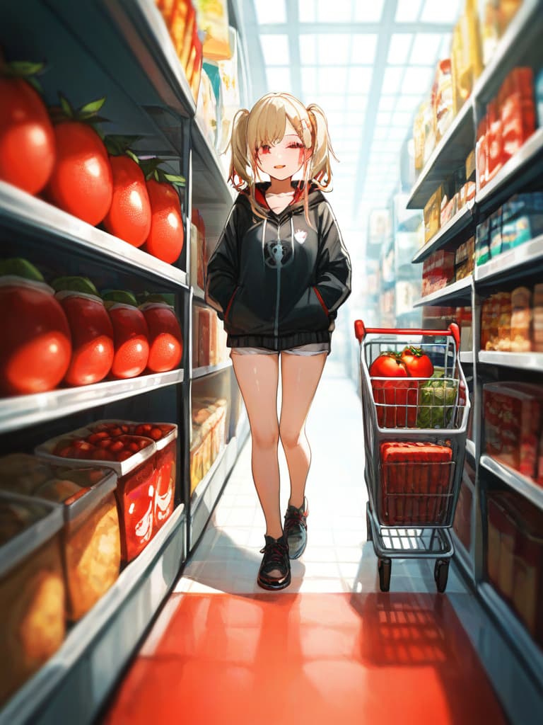  with tomatoes, shopping carts, blonde ponytails, white headphones, red paint on your cheeks, masterpiece, best quality,8k,ultra detailed,high resolution,an extremely delicate and beautiful,hyper detail