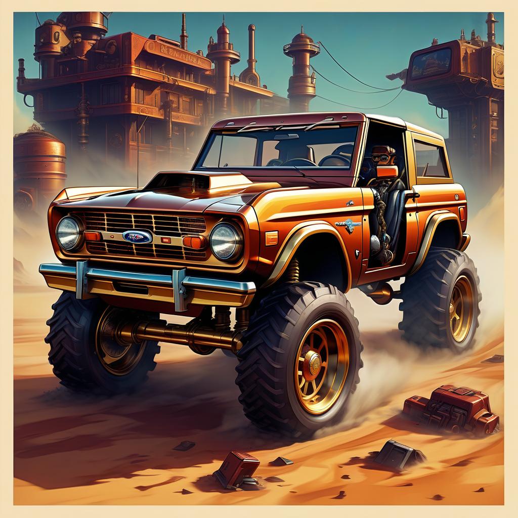  retro game art brutal ford bronco mustang in the style of steampunk, dieselpunk, steampunk . 16 bit, vibrant colors, pixelated, nostalgic, charming, fun