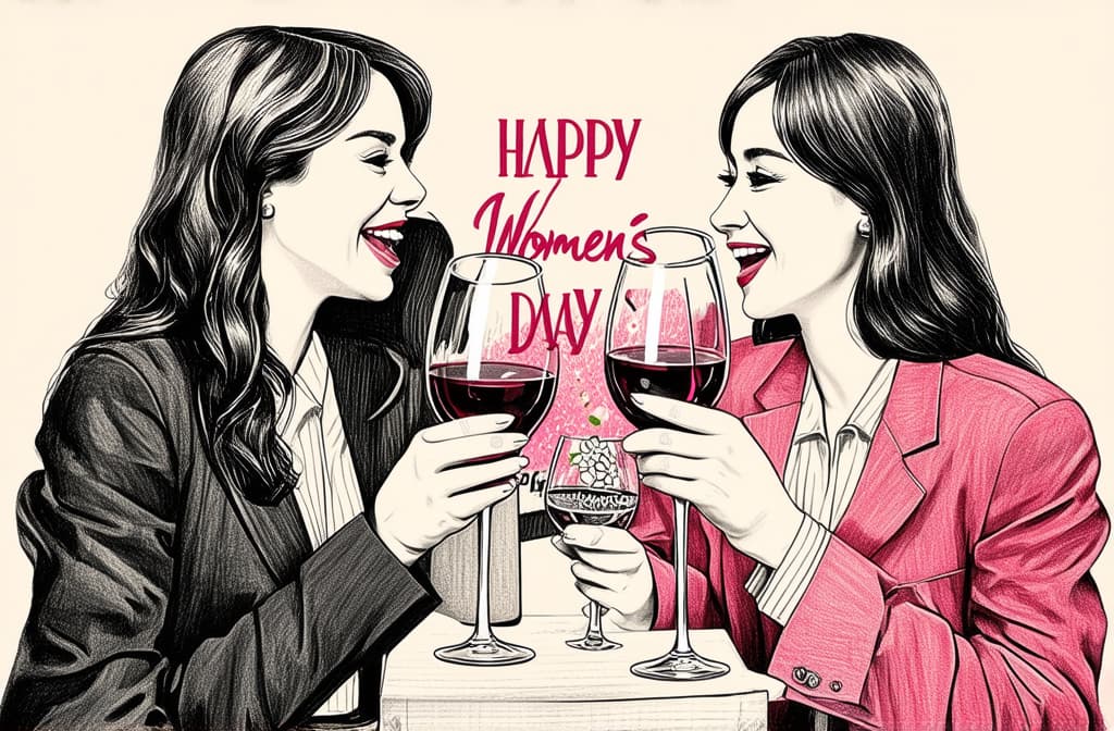  happy women's day illustration with girls drinking wine. drawn in pencil ar 3:2 {prompt}, maximum details