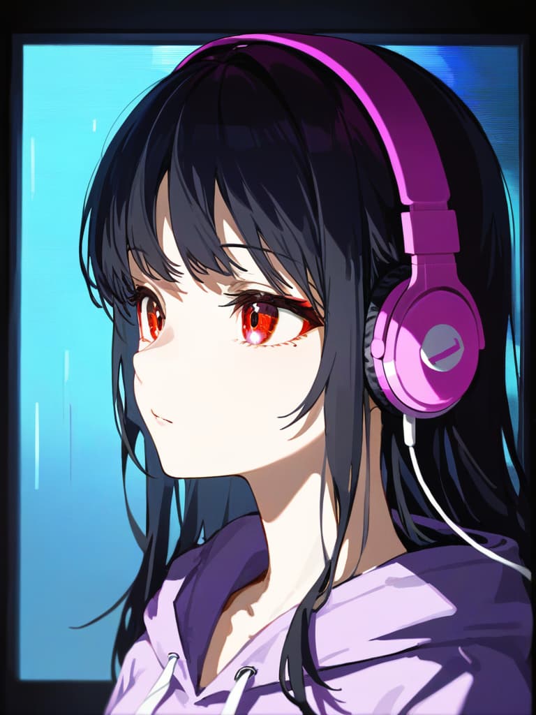  ((headphones,long hair,purple headphones,black hair,cool,handsome girl,purple hoodie,red eyes,glitch,bug,mosaic art,dark hair,inside the screen,bisho))、ultra detailed,best shadow,cute and beautiful face,(masterpiece:1.2),(best quality:1.2),detailed background,high contrast,(best illumination,an extremely delicate and beautiful),((cinematic light)),hyper detail,dramatic light,intricate details,8k,anime,very aesthetic、三白眼、イケメン、((coolness: 1.5,good looking guy,cool girl))