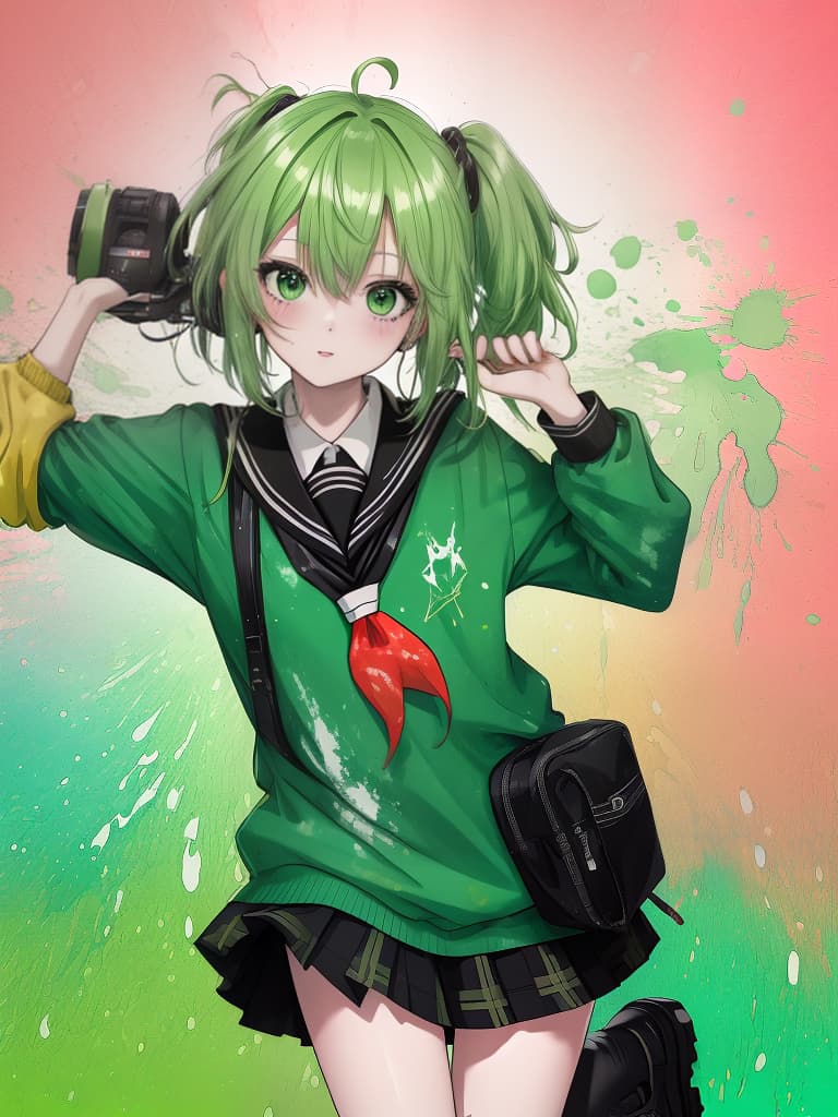  (4k 8k:1.3),(ultra hd:1.5),(accurate image quality:1.5),green haired schoolgirl on colorful grunge splat background with ink painting