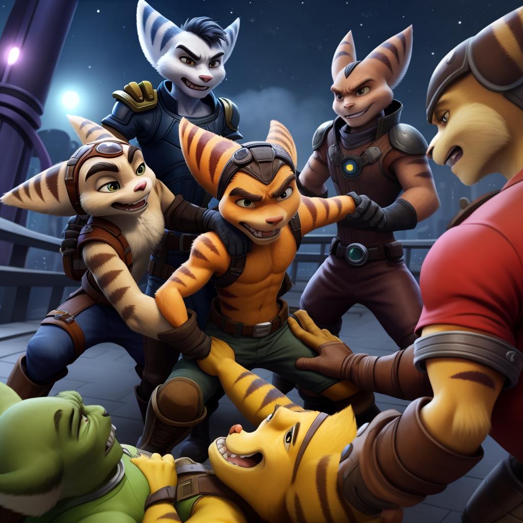  Male ratchet and clank (insomniac) full body, group, clothes, gloves and boots, gay, evil, fighting, hand to hand combat, punching, retraining grabbed, neck grab, ganged up upon, hand squeezes crotch, attacking victim, bullying victim 3 vs 1, surrounded, ganged up upon, open eyes, digital art, masterpiece, 4k, fine details,