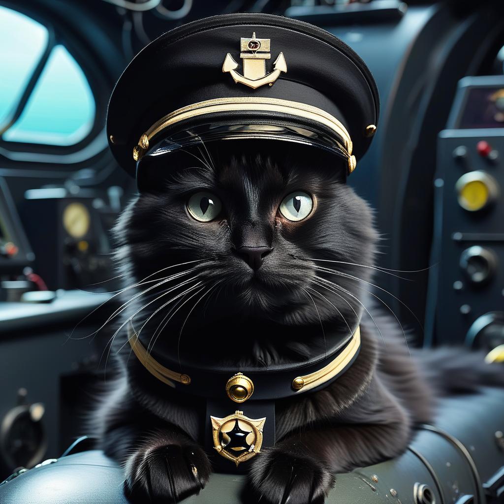  a furry black cat in a captain's cap in a submarine