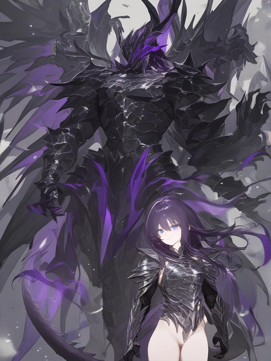  an anime photo of a half human, half dragon warrior, she has very dark purple hair, a pleasant smile, very beautiful blue eyes, a grayer skin, a light black knight armor, broken black wings, and, hands with dragon claws mixed with the armor, a long dragon tail, and other details of her dragon form mixed with her human appearance, she has a more adult and very strong body, with a slender build . best quality, high resolution