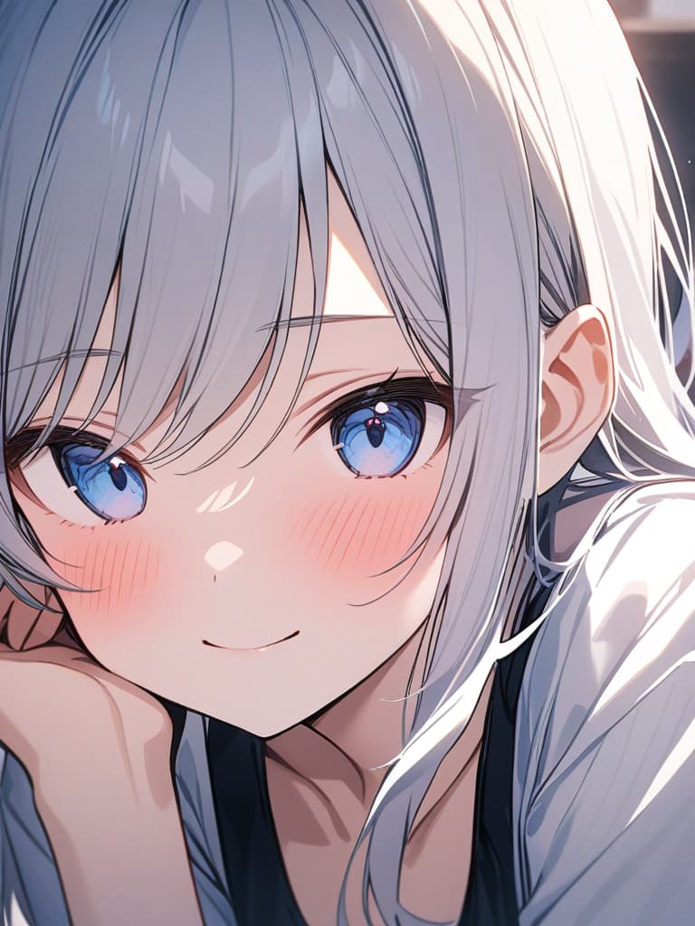  cute, girl, high image quality, blush, white hair, long hair, blue eyes, smiles, crouching, masterpiece, best quality,8k,ultra detailed,high resolution,an extremely delicate and beautiful,hyper detail