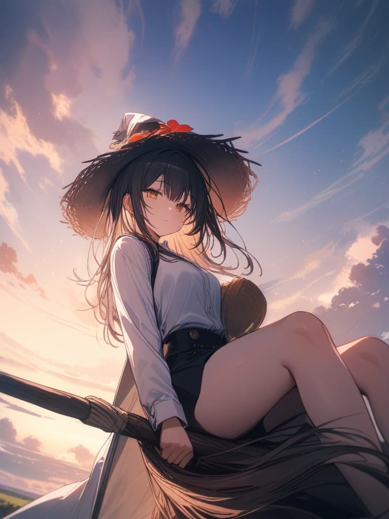  witches, girls, hats, hair fluttering, flying in the sky, sideways, sitting on it, riding on a broom, holding down the hat, sky, masterpiece, best quality,8k,ultra detailed,high resolution,an extremely delicate and beautiful,hyper detail