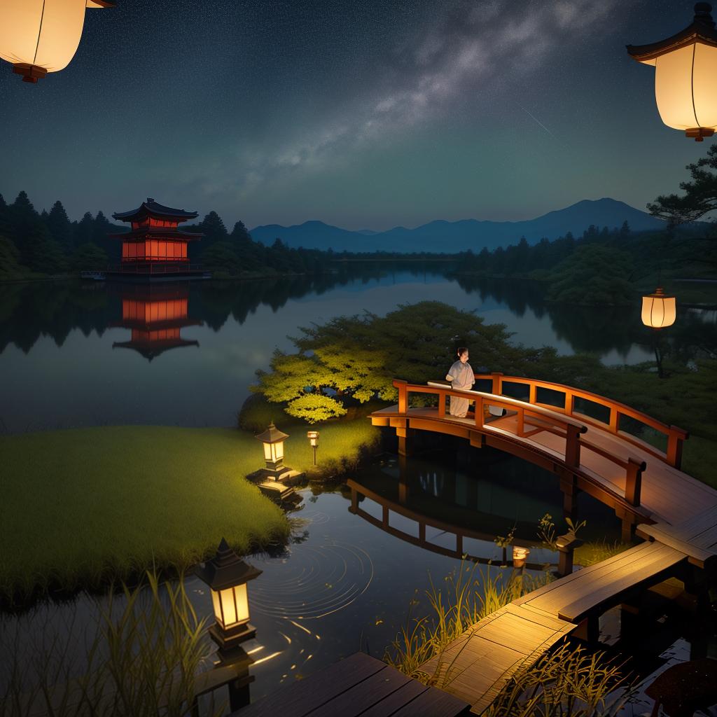  masterpiece, best quality, (fidelity: 1.4), best quality, masterpiece, ultra high resolution, 8k resolution, a night view inspired by japanese art, featuring a garden illuminated by paper lanterns and a wooden bridge spanning a tranquil lake, by the lakeside, there is a small zen temple. the water reflects the starry sky.