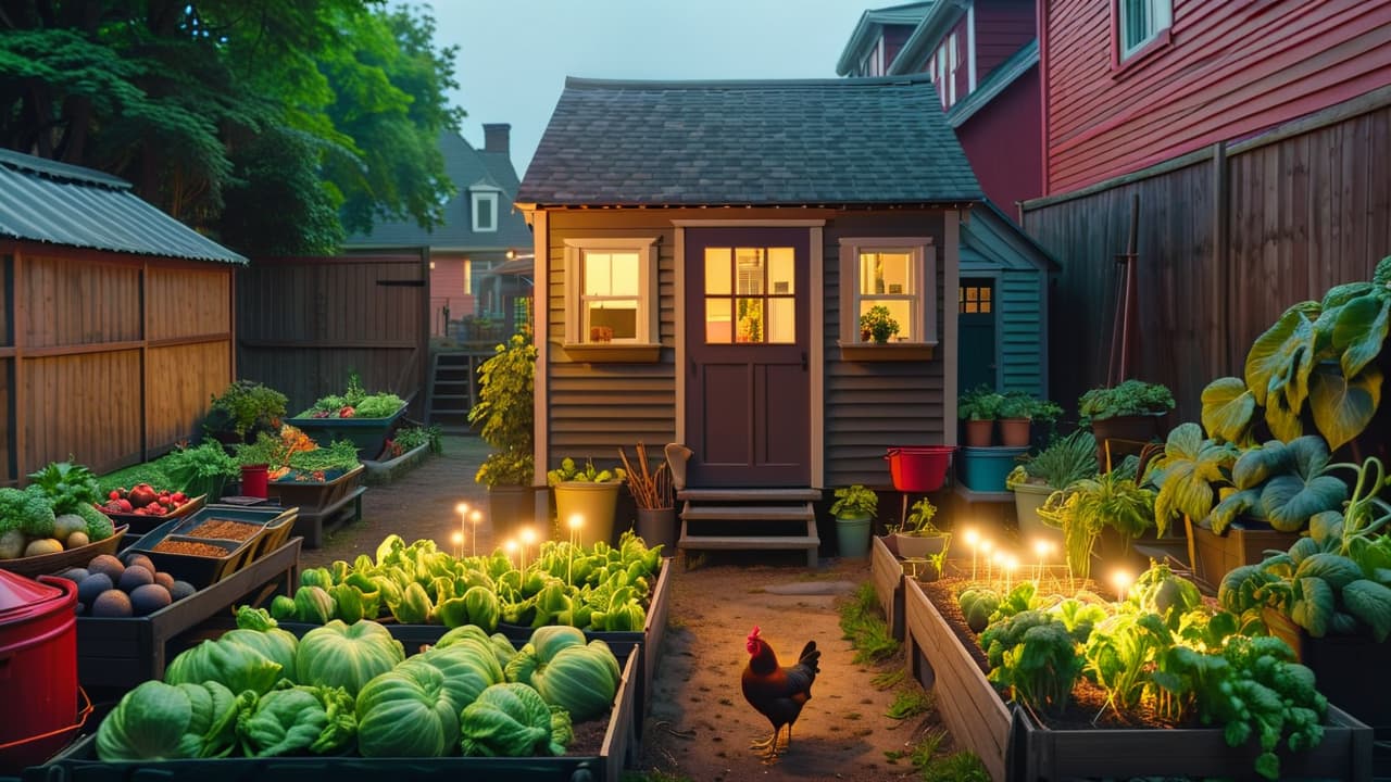  a vibrant urban homestead scene featuring a small garden with vegetables, chickens pecking the ground, a compost bin, a cozy shed, and a rainwater collection system, all nestled within a bustling city backdrop. hyperrealistic, full body, detailed clothing, highly detailed, cinematic lighting, stunningly beautiful, intricate, sharp focus, f/1. 8, 85mm, (centered image composition), (professionally color graded), ((bright soft diffused light)), volumetric fog, trending on instagram, trending on tumblr, HDR 4K, 8K