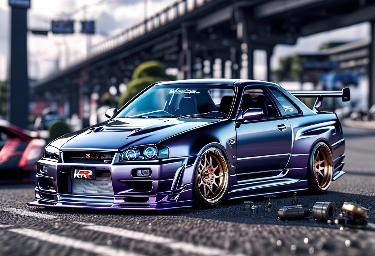  breathtaking thin lines, car, nissan skyline r34, terrible tuning. . award winning, professional, highly detailed, hkmagic