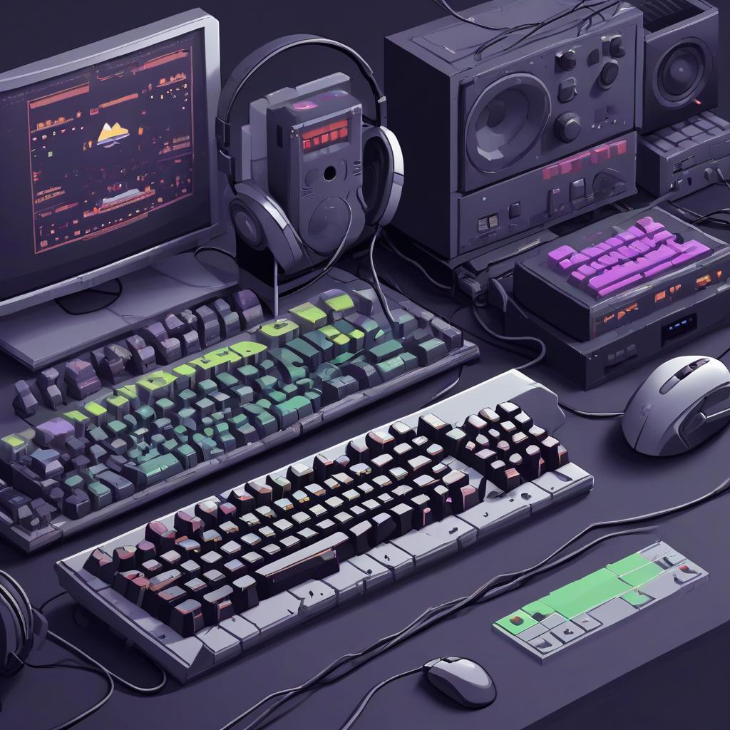  pixel art computer mouse keyboard headphones monitor game . low res, blocky, pixel art style, 8 bit graphics