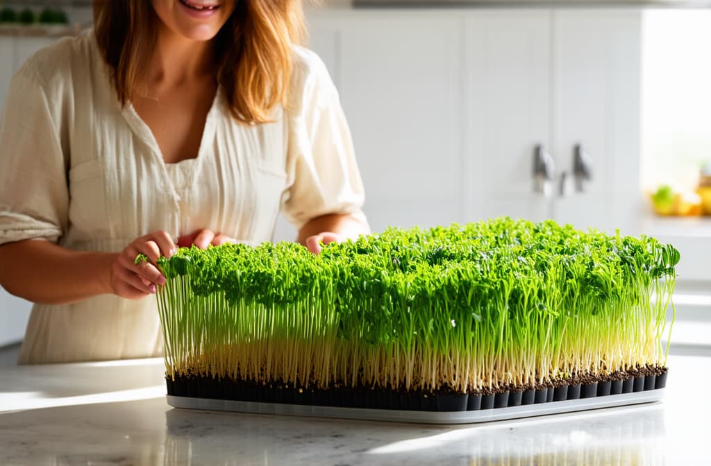  cinematic film style, woman seeding microgreens in plastic box, white modern kitchen ar 3:2, shallow depth of field, vignette, maximum details, high budget hollywood movie, bokeh, cinemascope, moody, epic, gorgeous, sun rays and shadows on furniture and surfaces, flattering light, raw photo, photography, photorealistic, 8k resolution, f1.4, sharpened focus, sharp focus