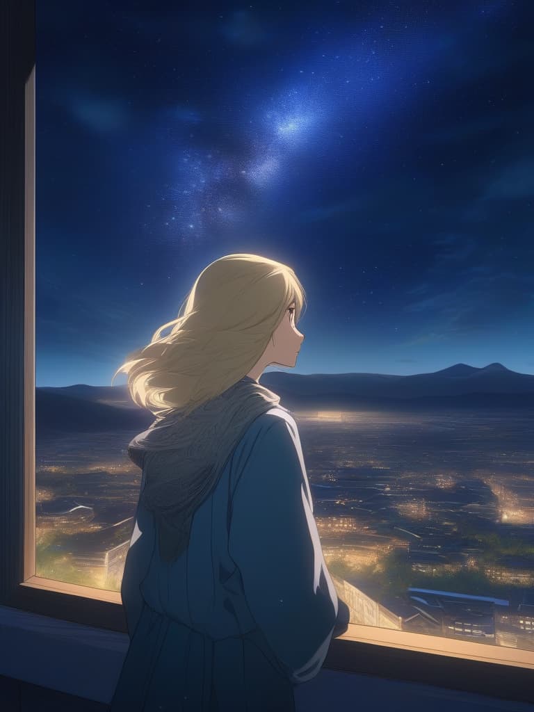  looking up from the window, the hair is blond, the hair length is long, the sky is in the night sky, the stars are visible, while looking at the distant look, the whole body, the whole body, the building group., masterpiece, best quality,8k,ultra detailed,high resolution,an extremely delicate and beautiful,hyper detail