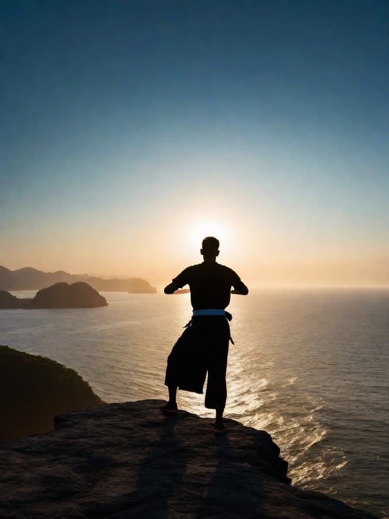  Close up of the silhouette of a man doing Thai Chi on a cliff overlooking the ocean with a sunrise in the background. RAW, realistic