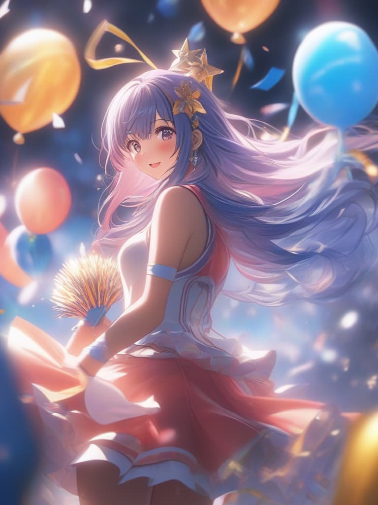  detailed,vivid colors,beautiful blue sky background,(masterpiece,hyper quality 1 5),ultra detailed,highlight eyes,detailed face,looking,scenery,master piece,best quality,ultra detailed,high resolution,8k,cute dollike girls,a sea of clouds illuminated by moonlight,smile,athletic world,magical animals,charming girls,lolita,100 tiered ruffle,pastel color,cheerleader,cheerleader outfit,holding 2 pompons ,raising one arm,falling confetti hyperrealistic, full body, detailed clothing, highly detailed, cinematic lighting, stunningly beautiful, intricate, sharp focus, f/1. 8, 85mm, (centered image composition), (professionally color graded), ((bright soft diffused light)), volumetric fog, trending on instagram, trending on tumblr, HDR 4K, 8K