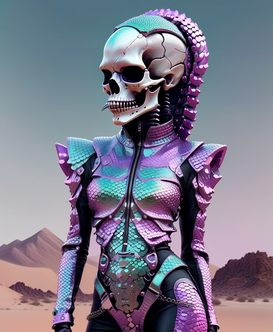  techwear fashion lizard scales. full length girl skull instead of face. chromium and precious stones, pastel tones. desert . futuristic, cyberpunk, urban, tactical, sleek, dark, highly detailed