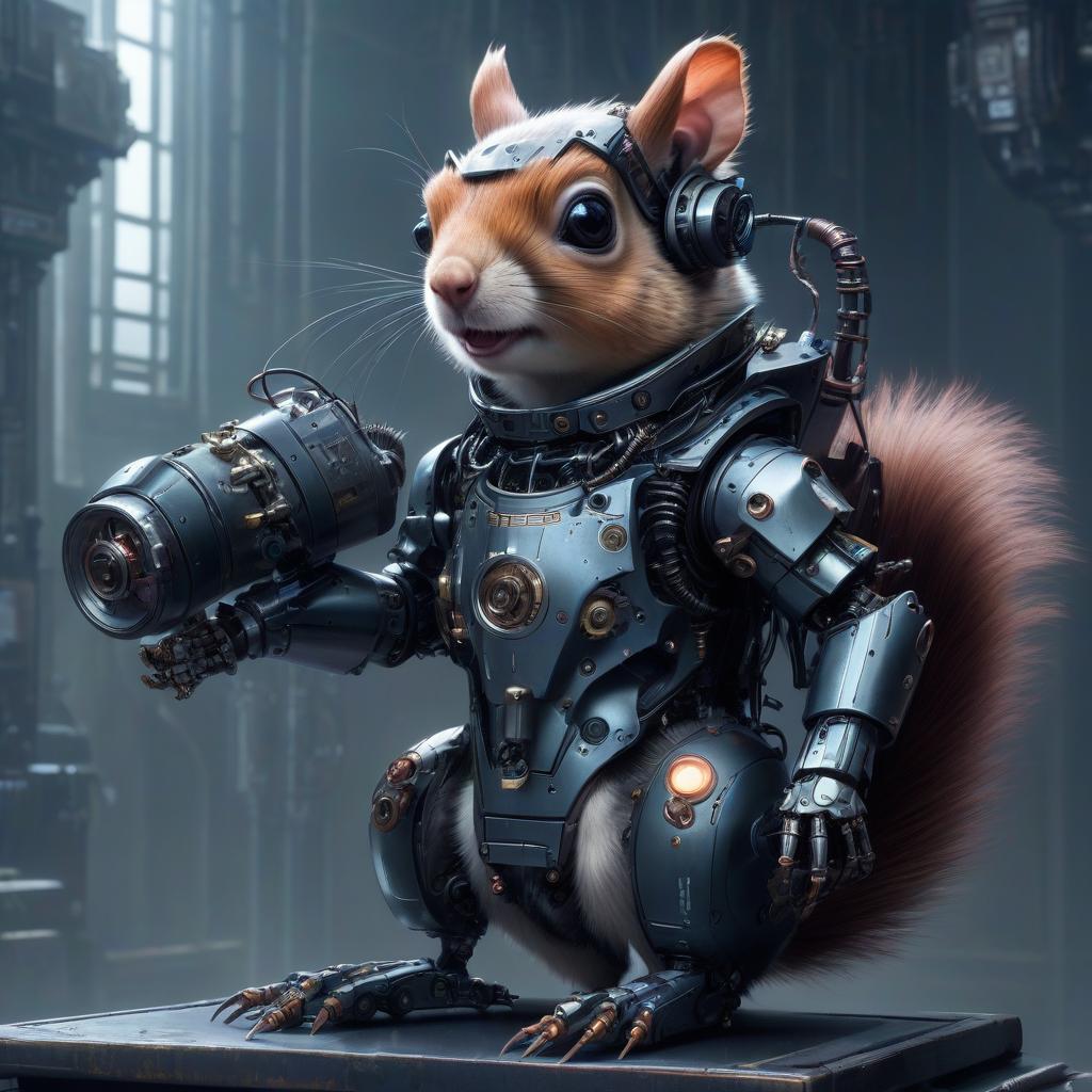  cyberpunk, gothic, rococo, robot squirrel.