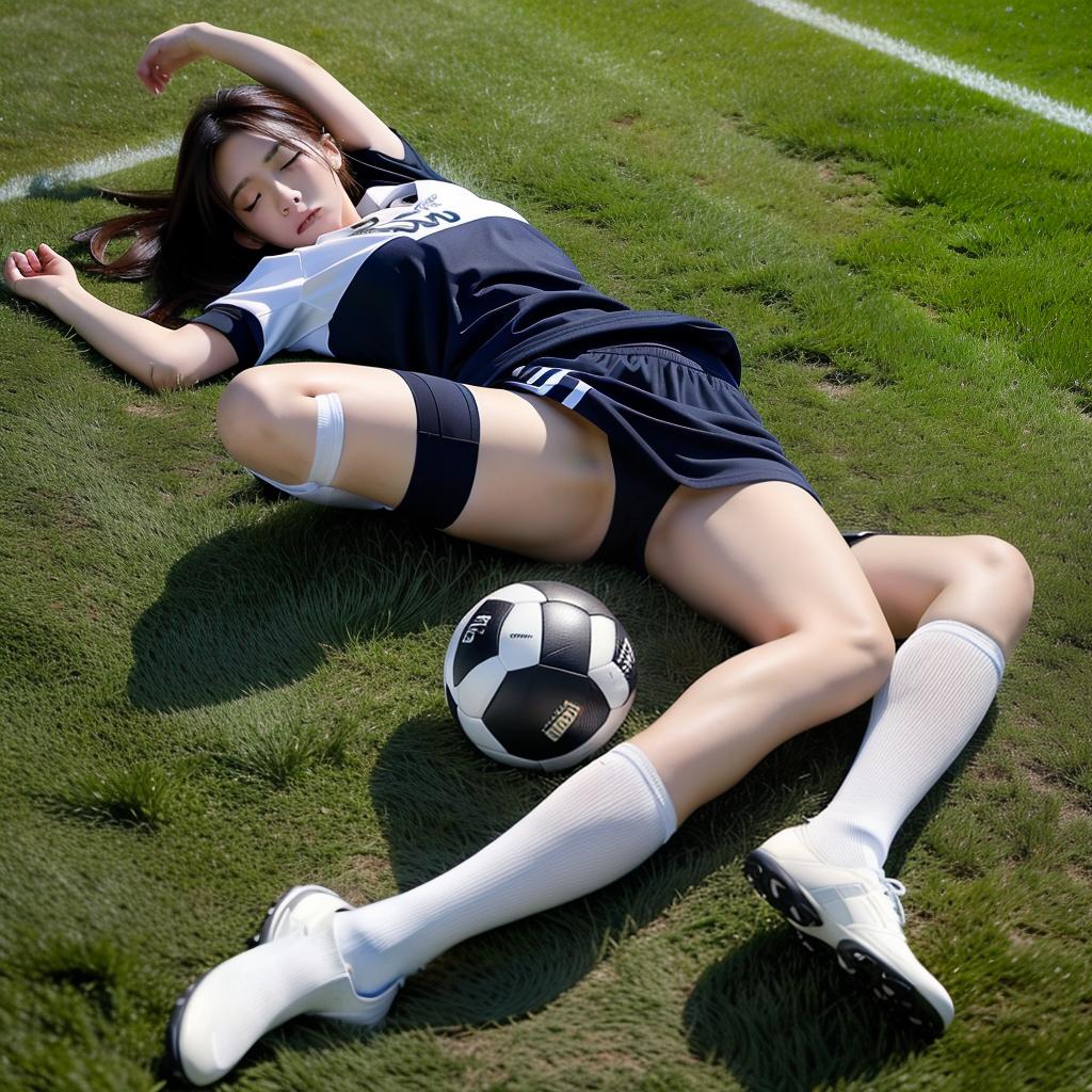  masterpiece, high quality, 4K, HDR BREAK A beautiful Japanese female soccer player lying on the ground, writhing in pain and crying after being kicked by a much larger player during a soccer match. BREAK Disheveled uniform, bruises, tears. BREAK Lying on the ground, curled up, face contorted in anguish. BREAK Soccer field, other players surrounding, stadium in the background. hyperrealistic, full body, detailed clothing, highly detailed, cinematic lighting, stunningly beautiful, intricate, sharp focus, f/1. 8, 85mm, (centered image composition), (professionally color graded), ((bright soft diffused light)), volumetric fog, trending on instagram, trending on tumblr, HDR 4K, 8K