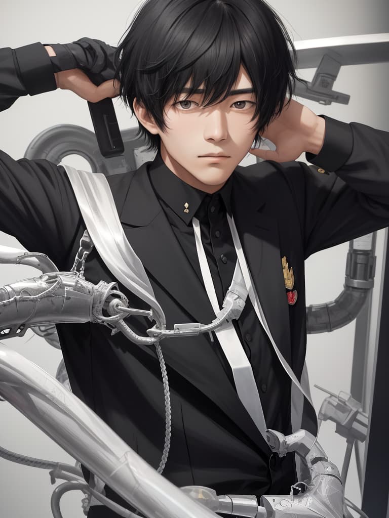  black hair mash boy, a little hanging, high school student, handsome, school uniform, cool expression, masterpiece, best quality,8k,ultra detailed,high resolution,an extremely delicate and beautiful,hyper detail