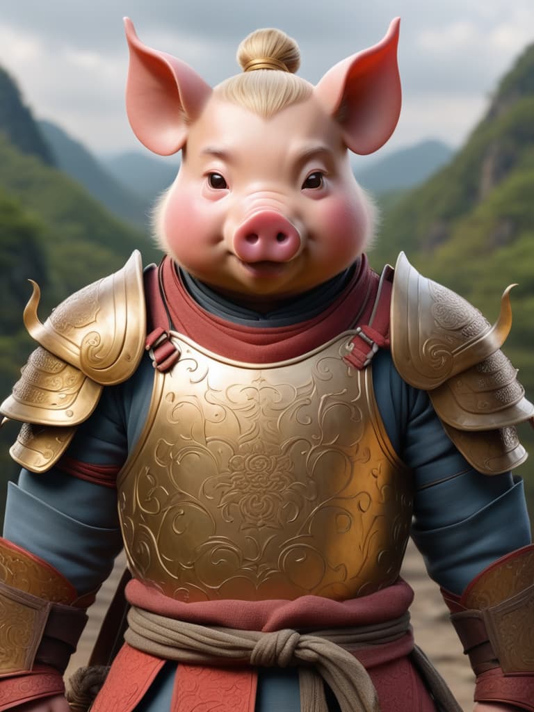  pig demon, 1 male, pig like face with tusks, solo, male focus, rotund body, traditional chinese warrior armor, portrait, small eyes, looking at viewer, realistic, slightly open mouth with visible fangs, close up, large ears, intricate shoulder armor, dark rural background, weathered skin, determined expression