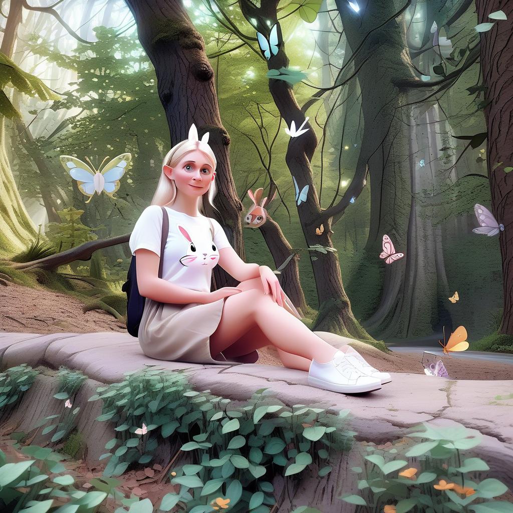  pixar style. save the woman's face from the original photo. she's a forest elf with butterfly wings. background in the form of a fabulous, mysterious forest, the bank of the river. to the left of the woman is a white rabbit and a hedgehog.