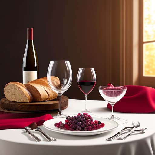  a large wine goblet filled with red wine and a large loaf of halal bread on a table setting for 12 hyperrealistic, full body, detailed clothing, highly detailed, cinematic lighting, stunningly beautiful, intricate, sharp focus, f/1. 8, 85mm, (centered image composition), (professionally color graded), ((bright soft diffused light)), volumetric fog, trending on instagram, trending on tumblr, HDR 4K, 8K