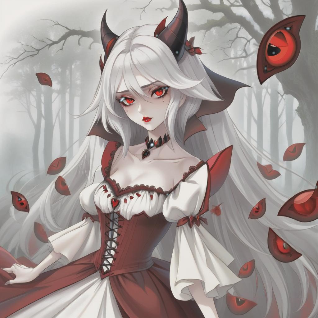  the vampire witch. red eyes, snow white hair. beautiful. in an elegant dress