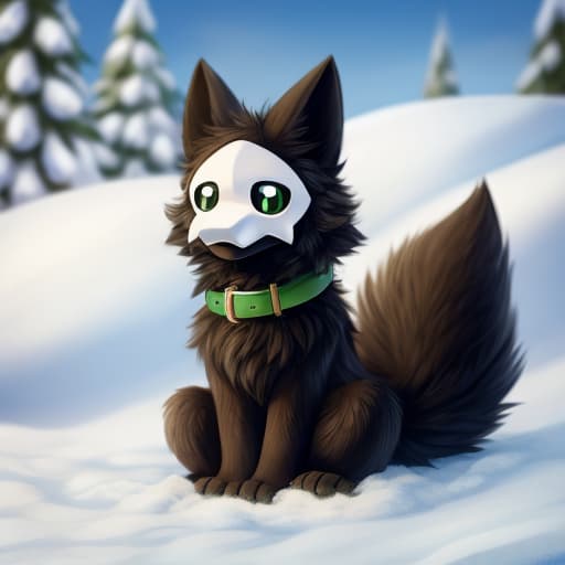  Puro, Brown fur, Green tone fur, fluffy, big tail, fluffy tail, sitting, snow background, snow on fur, dirty fur, green collar, cute, open eyes, digital art, masterpiece, 4k, fine details,