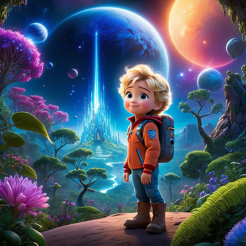  in 3d animated movie style. disney pixar style. a young explorer named orion, age 12, with messy blonde hair and bright blue eyes, clad in a futuristic space suit with vibrant colors. standing at the edge of a lush alien forest, orion gazes out at a breathtaking alien landscape filled with towering crystal trees and bioluminescent flora. the air is filled with a sense of wonder and adventure. in a high resolution pixar 3d animated film style with detailed rendering, bright, soft lights illuminate the scene, emphasizing the magical atmosphere. the camera angle is a bird's eye view, capturing orion's expression of awe and curiosity as he beholds the alien world below. 16:9 aspect ratio.