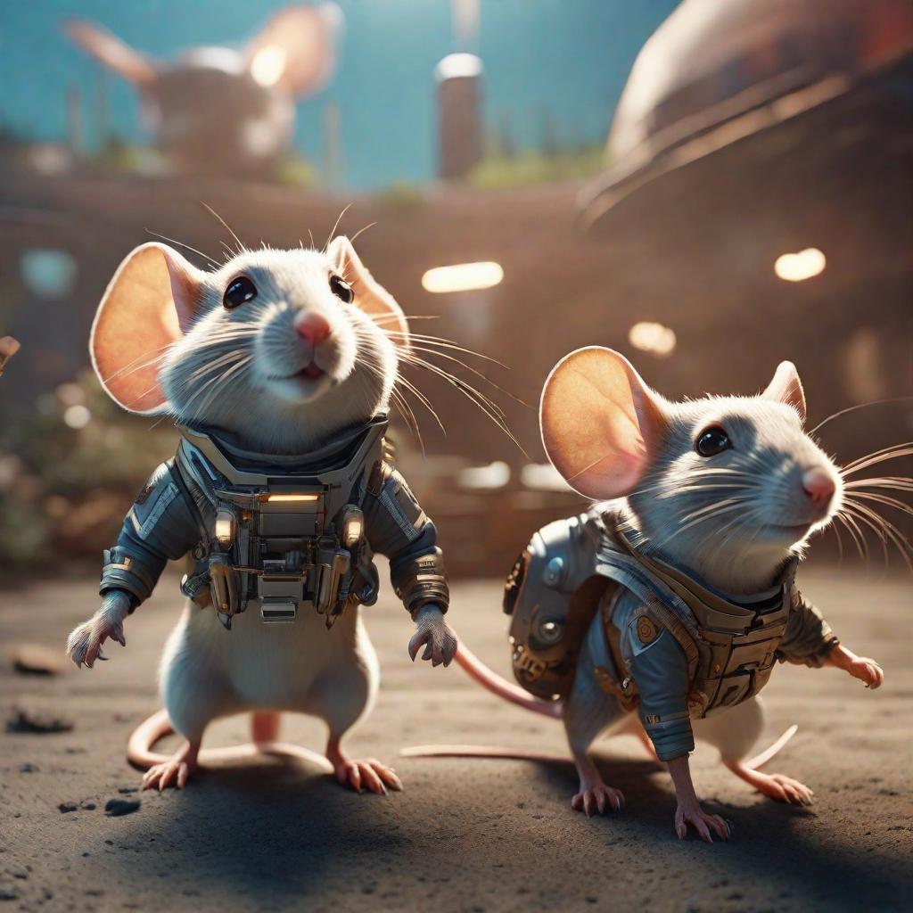  a few cartoonish space mice interacting playfully with the dog hyperrealistic, full body, detailed clothing, highly detailed, cinematic lighting, stunningly beautiful, intricate, sharp focus, f/1. 8, 85mm, (centered image composition), (professionally color graded), ((bright soft diffused light)), volumetric fog, trending on instagram, trending on tumblr, HDR 4K, 8K