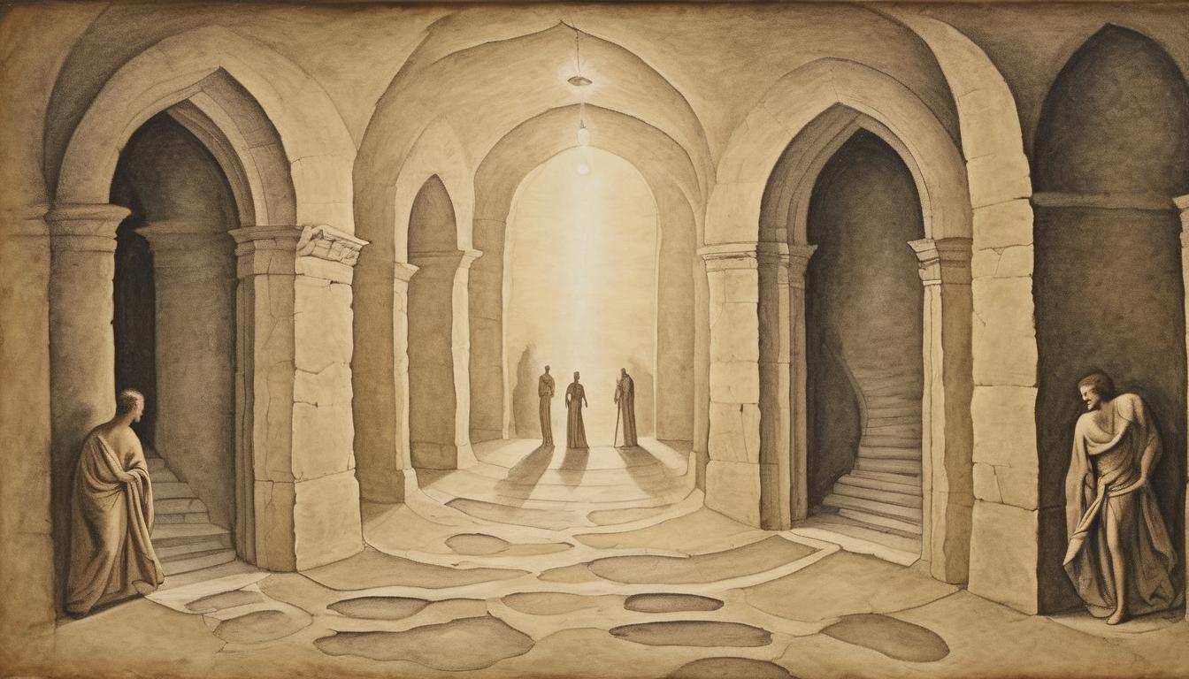  on parchment, surrealism++, figures stepping out of shadowy doorways into radiant light, stepping stones representing contributions, divine path, purpose(mysterious, provocative, symbolic)++