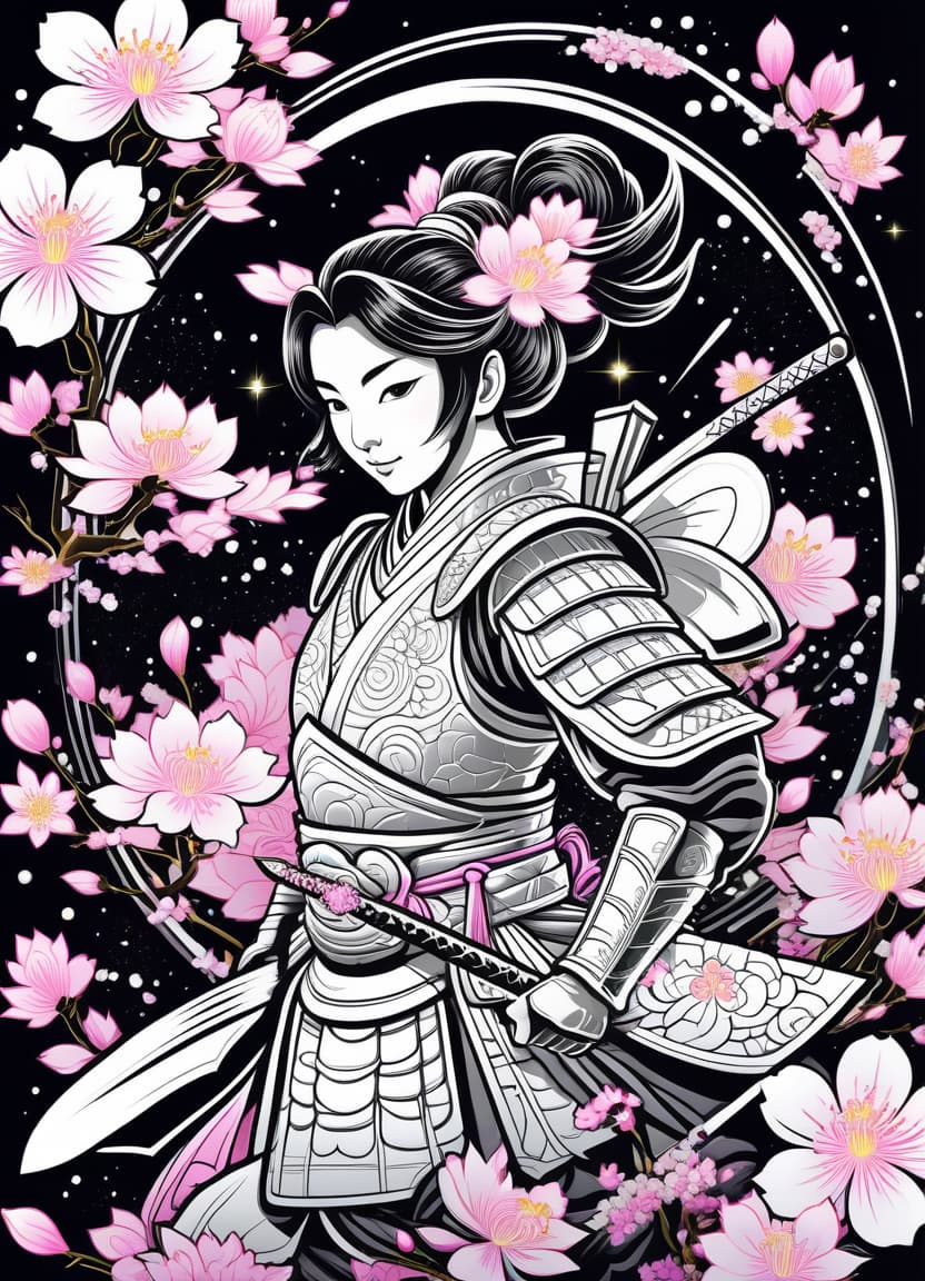  a humorous illustration. bright colors, cartoon style. on the black background, shiny contours outlines of silhouette of a japanese samurai girl in samurai armor, made of japanese sacura flower, (white color japanese sacura flower:1.4), frame with intricate thin ornamentation from comet, stars and cosmic dust: (thin: 1,4) lines ,