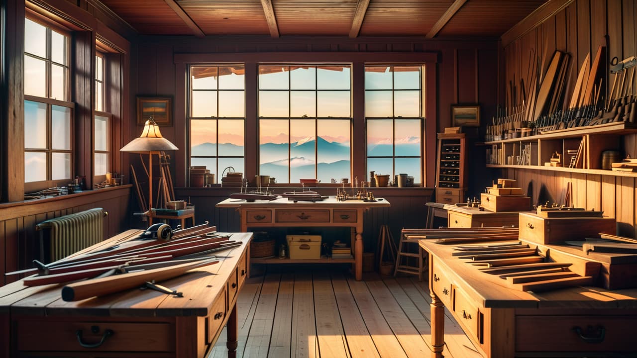  a vintage workshop filled with wooden airplane models, blueprints scattered on a large table, tools like chisels and saws, and a large window revealing a clear sky, evoking the spirit of early aviation innovation. hyperrealistic, full body, detailed clothing, highly detailed, cinematic lighting, stunningly beautiful, intricate, sharp focus, f/1. 8, 85mm, (centered image composition), (professionally color graded), ((bright soft diffused light)), volumetric fog, trending on instagram, trending on tumblr, HDR 4K, 8K