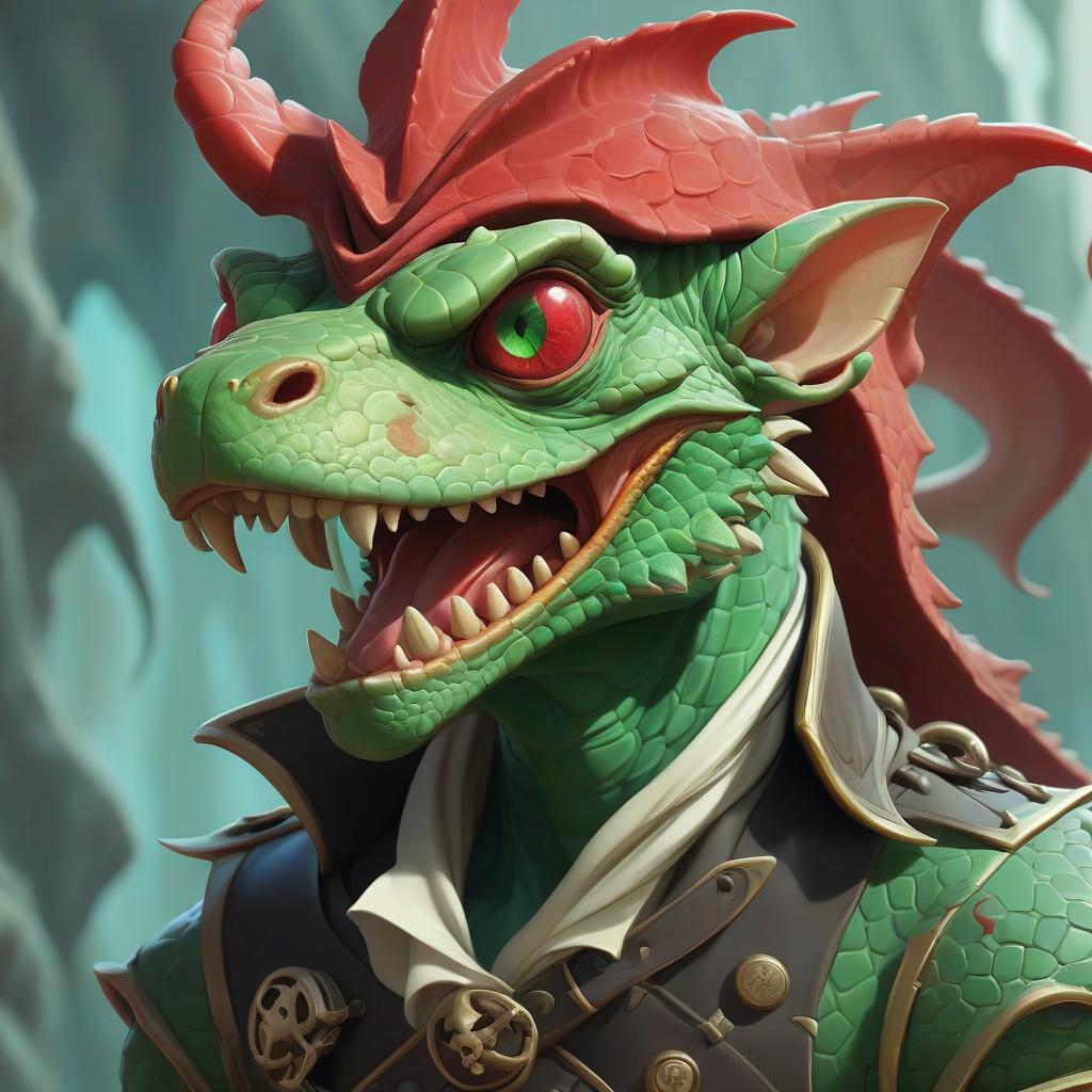  ethereal fantasy concept art of kobold lizard, red scales, pirate, green eyes . magnificent, celestial, ethereal, painterly, epic, majestic, magical, fantasy art, cover art, dreamy