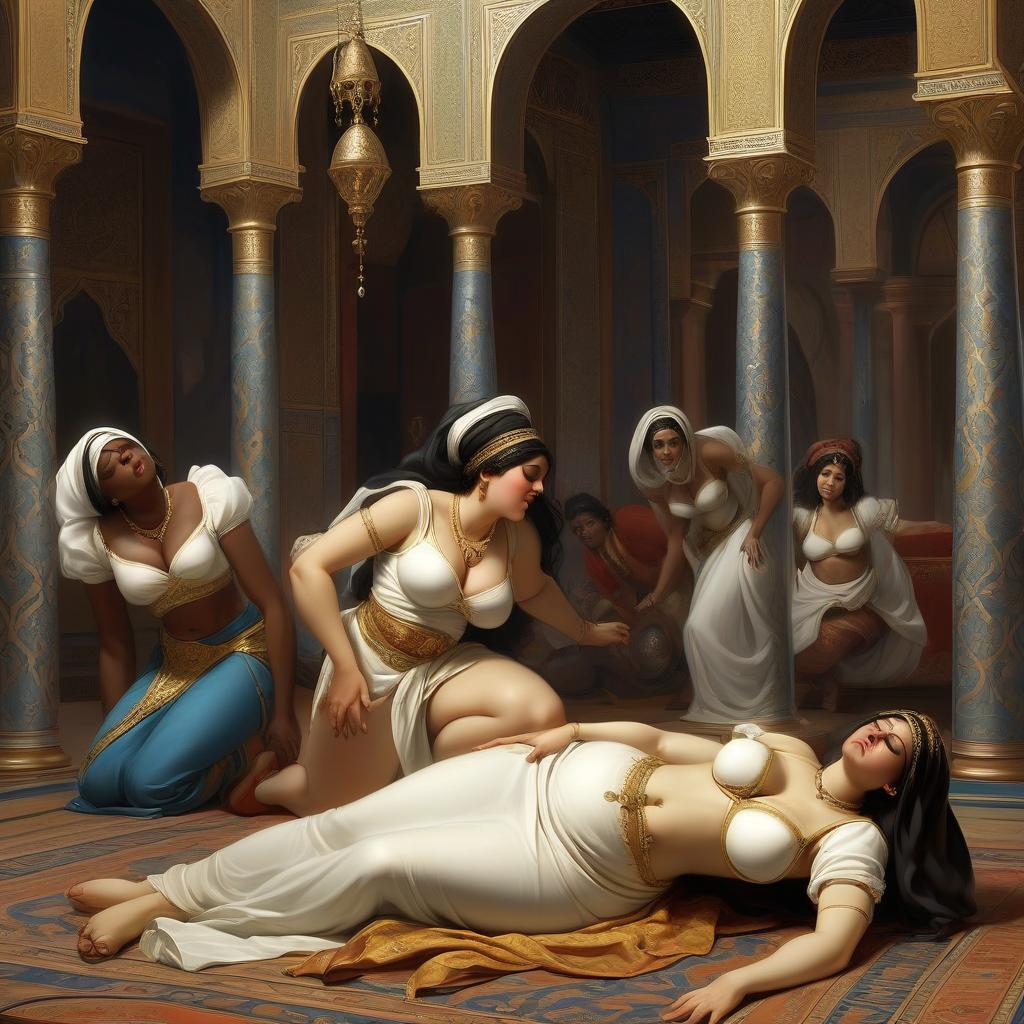  the fat odalisca fainted in the harem and lay unconscious on the floor, and two black maids bent over her and try to bring her to her senses.