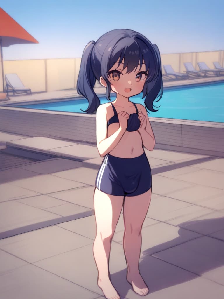  women's elementary students (male), twin tails, cute smiles, rich s, low stature, dark blue swimwear, old swimwear, , simple, , (bulge), male (bulging), front, whole body, pool side,