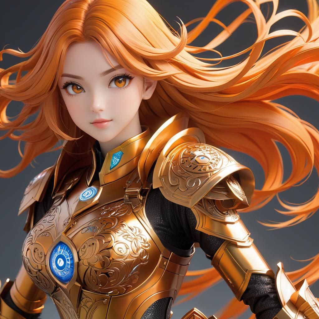  front view, masterpiece, best quality, photorealistic, raw photo, (1girl, looking at viewer), long orange hair, bitcoin mechanical armor, intricate armor, delicate orange filigree, intricate filigree, orange metalic parts, detailed part, dynamic pose, detailed background, dynamic lighting,, anime artwork, anime style, key visual, vibrant, studio anime, highly detailed