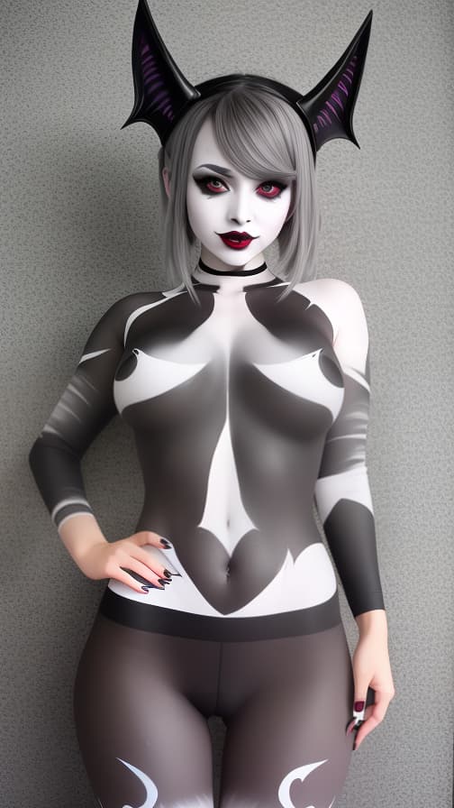  Black and grey bat-shaped body paint in every corner of the whole body, white body paint all over the body, grey face paint on the face, succubus,full body image female